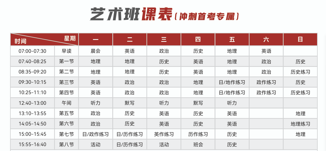 艺术班课表（冲刺首考专属）