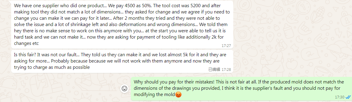 客户聊天截图，客户抱怨模具尺寸不符并被要求额外付款