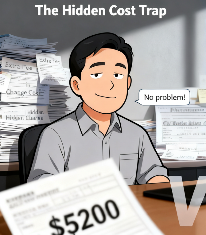 插画对比图 左边劣质供应商（隐藏账单，虚假承诺）