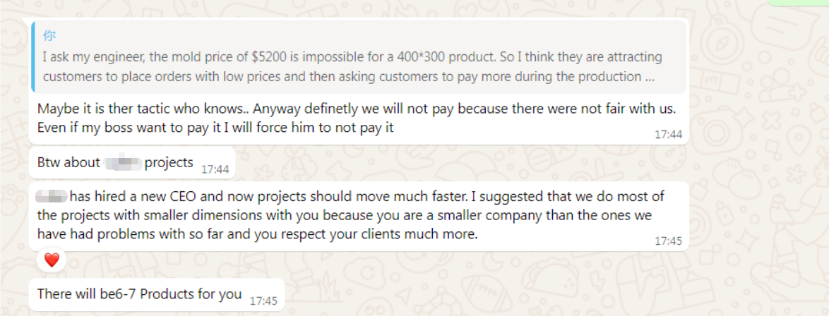 聊天截图，客户说要把 6–7 个新项目交给 BERGEK