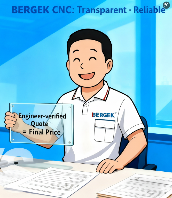 插画对比图 右边 BERGEK 工程师举着玻璃板写着 Engineer-verified Quote = Final Price