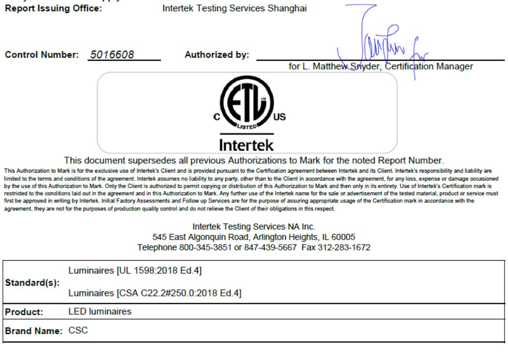 CSC ETL/cETL Certification: 5016608