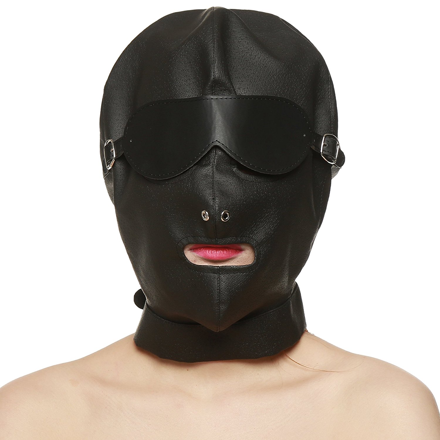 blickdicht Leder Kopfmaske in schwarz mit abschließbarknebel Augenbinde - Bondage