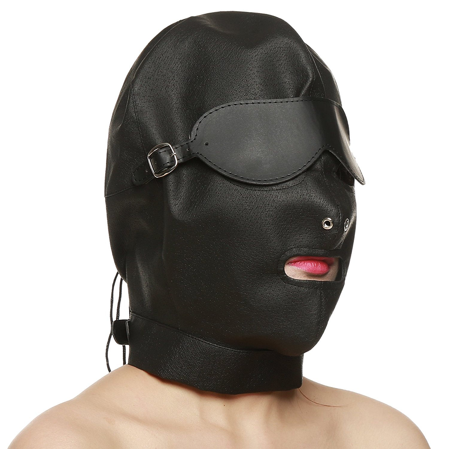 blickdicht Leder Kopfmaske in schwarz mit abschließbarknebel Augenbinde - Bondage
