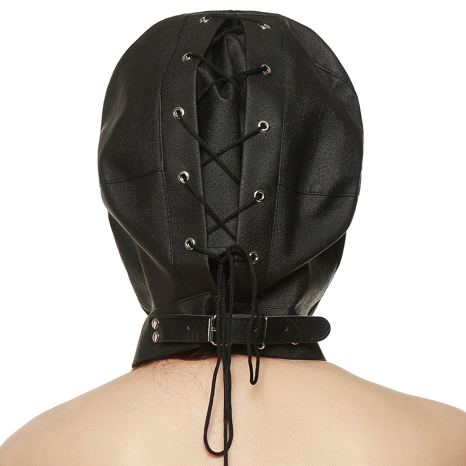 blickdicht Leder Kopfmaske in schwarz mit abschließbarknebel Augenbinde - Bondage