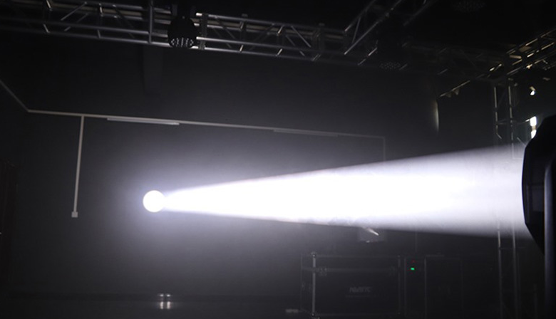 250W Beam Moving Head Light producing a strong and focused beam effect during testing.