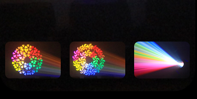 Multiple gobo and color effects produced by the beam moving head light.