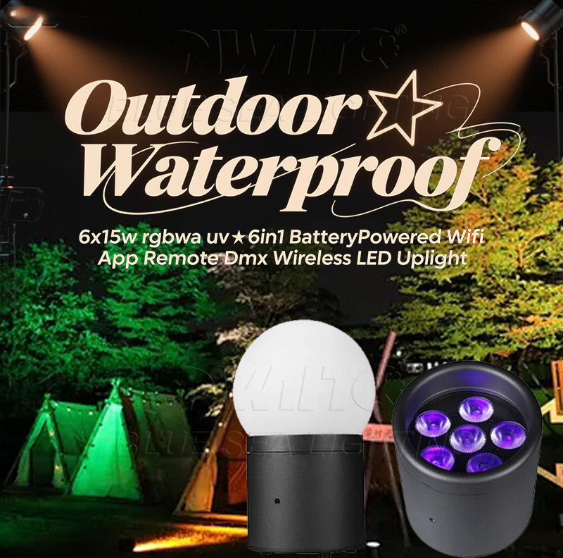 Outdoor battery LED uplight standing on grass