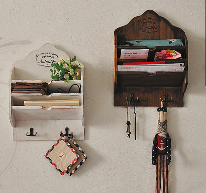 Wooden Magazine Shelf with Hooks
