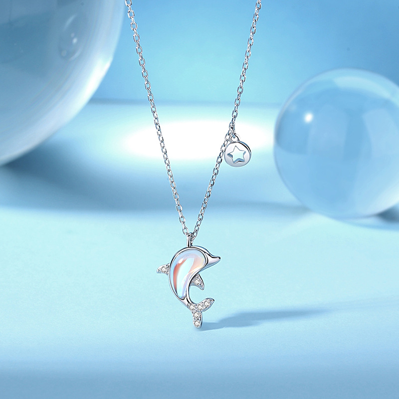 Dolphin Love Necklace S925 Sterling Silver Cute Fairy Style Collarbone Chain Microset Moonstone Pendant Necklace Chain For Women