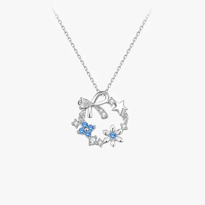 S925 Sterling Silver Christmas Snowflake Ring Necklace Female Bow Blue Zirconia Silver Jewelry