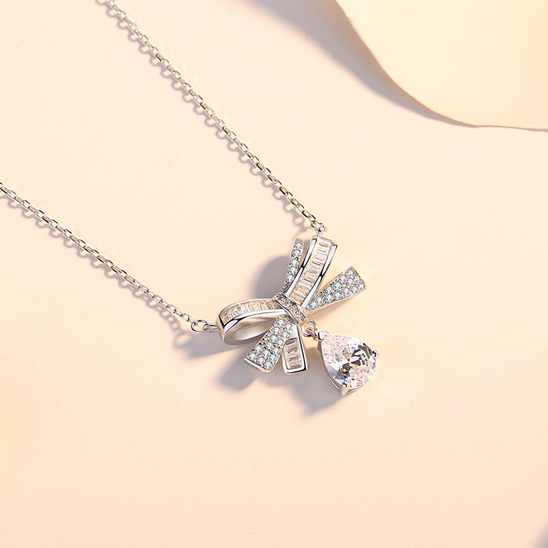 S925 Sterling Silver Bow Necklace Female Micro-Encrusted Zirconia Butterfly Pendant Collarbone Chain Jewelry Christmas Gift
