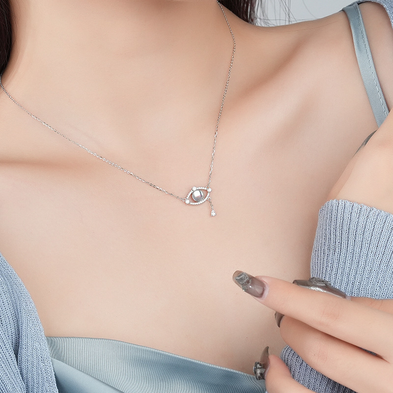 S925 Sterling Silver Collarbone Chain With Moonstone Pendant Devil'S Eye Necklace