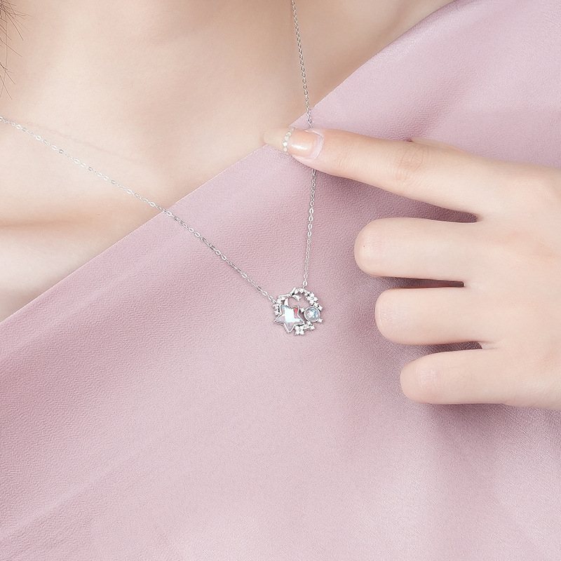 S925 Sterling Silver Bow Star Necklace Girl Heart Illusion Stone Collarbone Chain Christmas Wreath Necklace