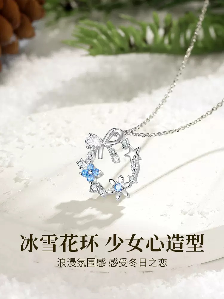 S925 Sterling Silver Christmas Snowflake Ring Necklace Female Bow Blue Zirconia Silver Jewelry