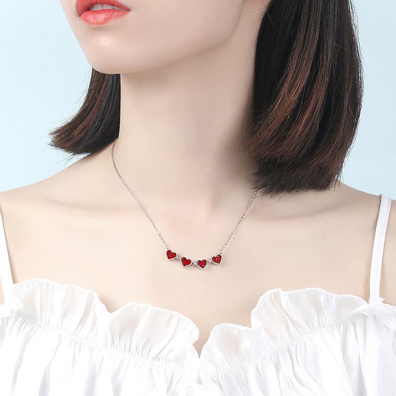 S925 Sterling Silver Four-Leaf Clover Necklace Double Wear Love Blue And Red Diamond Pendant Collarbone Chain