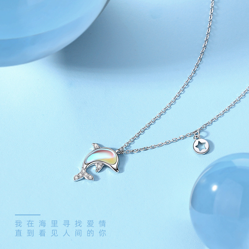 Dolphin Love Necklace S925 Sterling Silver Cute Fairy Style Collarbone Chain Microset Moonstone Pendant Necklace Chain For Women