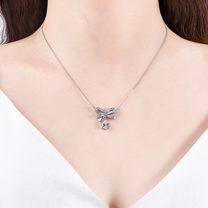S925 Sterling Silver Bow Necklace Female Micro-Encrusted Zirconia Butterfly Pendant Collarbone Chain Jewelry Christmas Gift