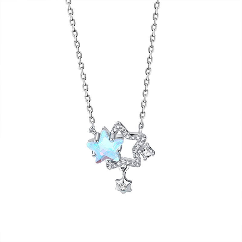 Starburst Necklace Women S925 Sterling Silver Girl'S Heart Star Micro-Set Illusion Stone Pendant Collarbone Chain