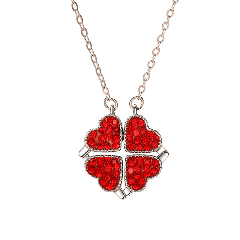 S925 Sterling Silver Four-Leaf Clover Necklace Double Wear Love Blue And Red Diamond Pendant Collarbone Chain