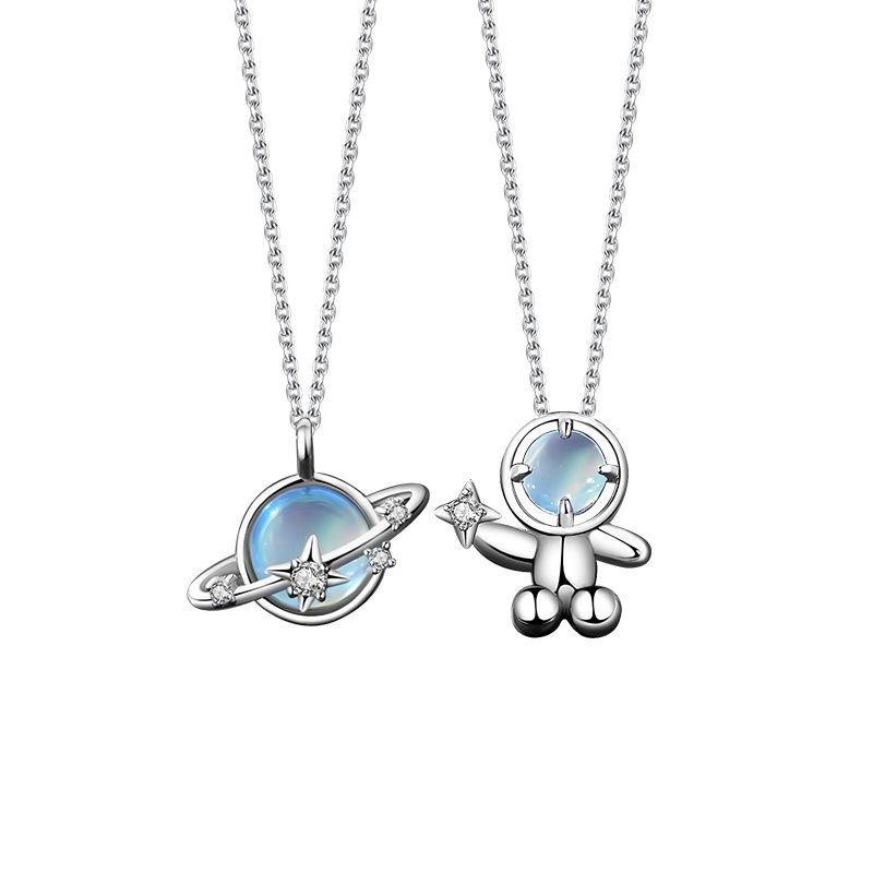 S925 Sterling Silver Couple Necklace Astronaut Planet Inlaid Moonstone Clasp Chain