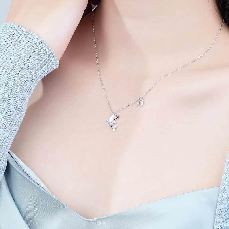 Dolphin Love Necklace S925 Sterling Silver Cute Fairy Style Collarbone Chain Microset Moonstone Pendant Necklace Chain For Women
