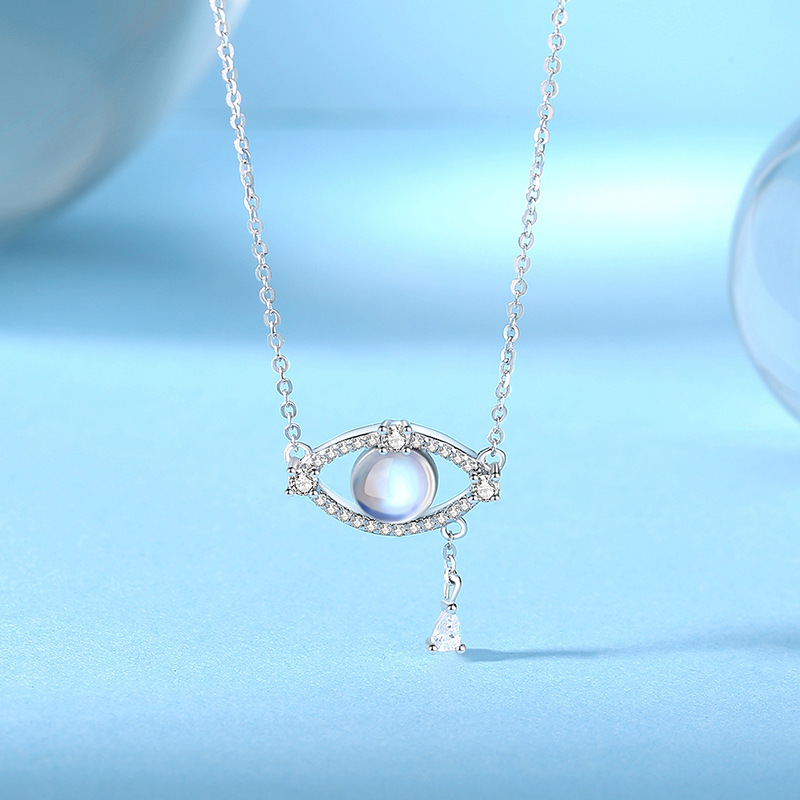 S925 Sterling Silver Collarbone Chain With Moonstone Pendant Devil'S Eye Necklace