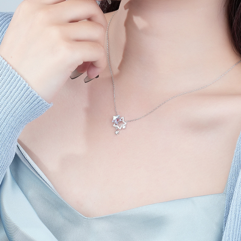 Starburst Necklace Women S925 Sterling Silver Girl'S Heart Star Micro-Set Illusion Stone Pendant Collarbone Chain