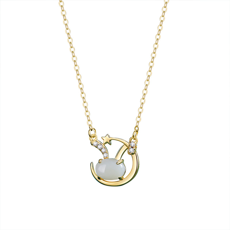 Moon Bunny Necklace Women S925 Sterling Silver Moon Rabbit Hotan Jade Pendant Fashion Collarbone Necklace