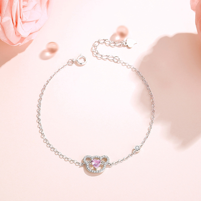 S925 Sterling Silver Heartbeat Bear Necklace Female Cute Collarbone Chain Inlaid Pink Zirconium Bracelet Set