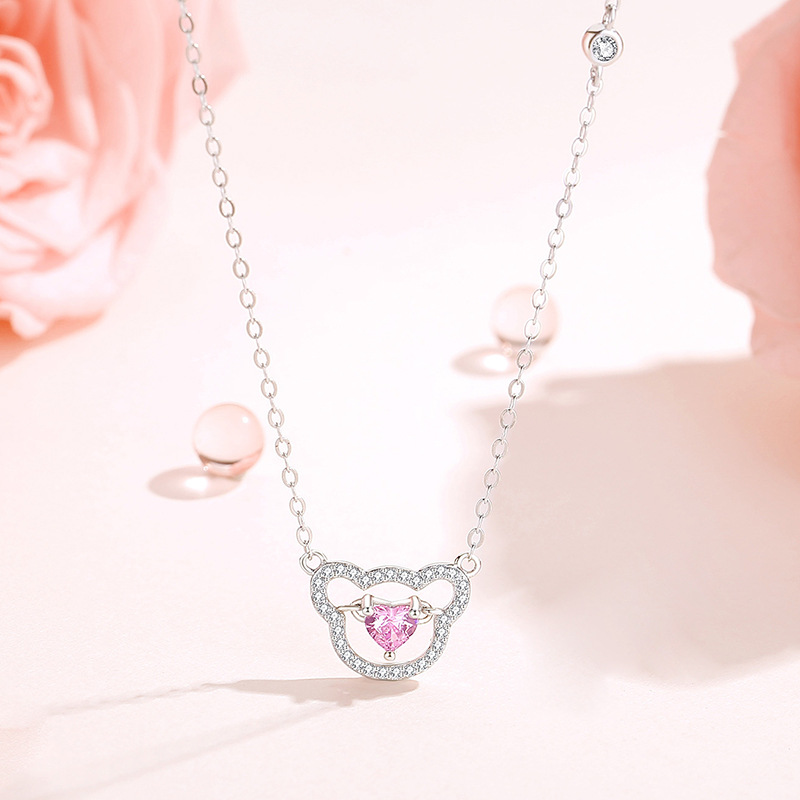 S925 Sterling Silver Heartbeat Bear Necklace Female Cute Collarbone Chain Inlaid Pink Zirconium Bracelet Set