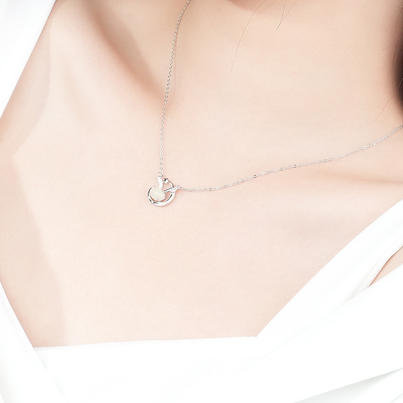 Moon Bunny Necklace Women S925 Sterling Silver Moon Rabbit Hotan Jade Pendant Fashion Collarbone Necklace