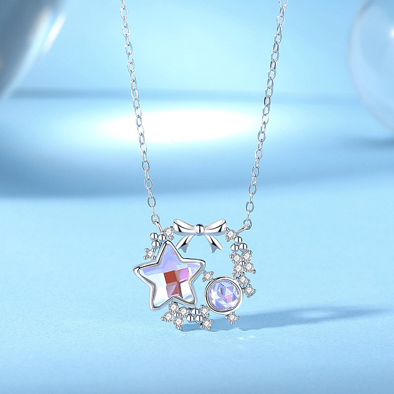 S925 Sterling Silver Bow Star Necklace Girl Heart Illusion Stone Collarbone Chain Christmas Wreath Necklace