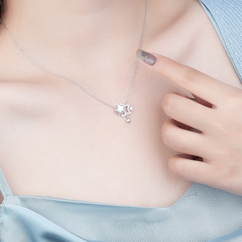 Starburst Necklace Women S925 Sterling Silver Girl'S Heart Star Micro-Set Illusion Stone Pendant Collarbone Chain