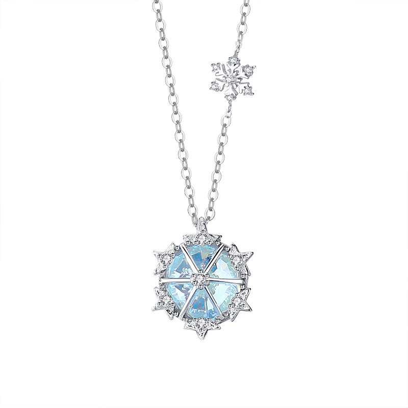 Ice Condensation Snow Love Snowflake Necklace Female S925 Sterling Silver Illusion Color Stone Christmas Collarbone Necklace