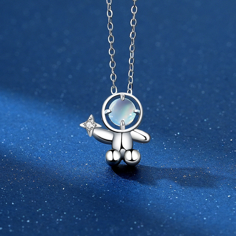 S925 Sterling Silver Couple Necklace Astronaut Planet Inlaid Moonstone Clasp Chain