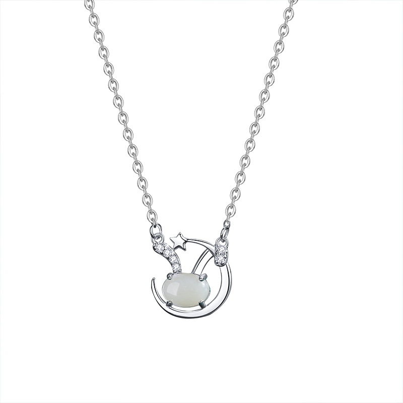 Moon Bunny Necklace Women S925 Sterling Silver Moon Rabbit Hotan Jade Pendant Fashion Collarbone Necklace