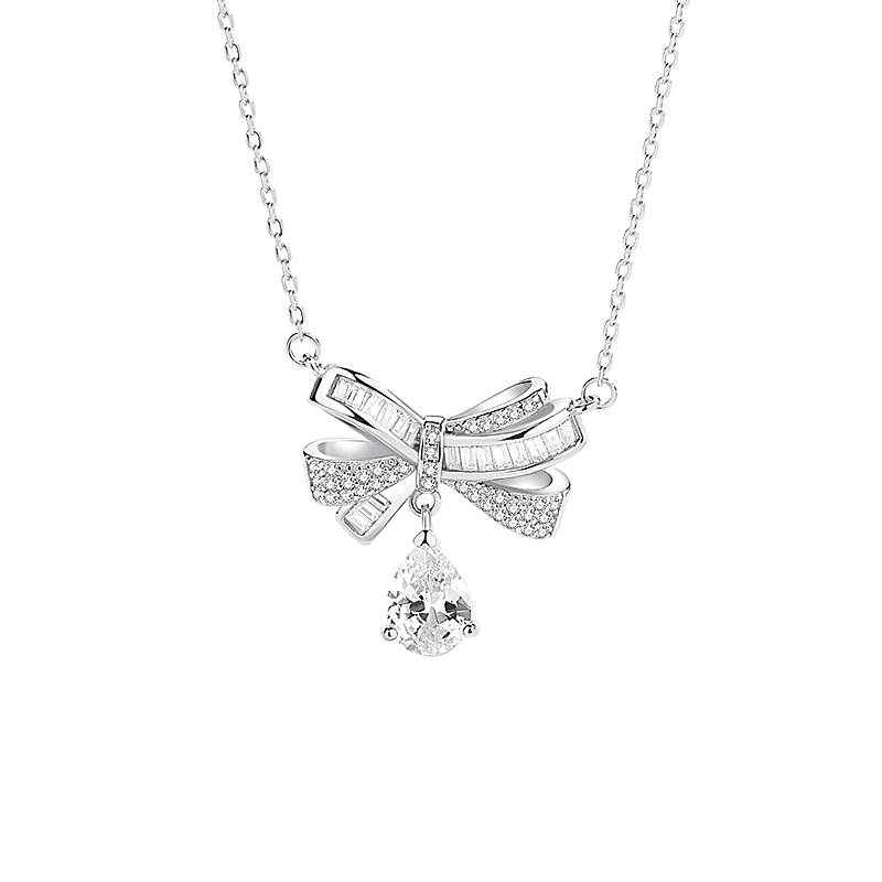 S925 Sterling Silver Bow Necklace Female Micro-Encrusted Zirconia Butterfly Pendant Collarbone Chain Jewelry Christmas Gift
