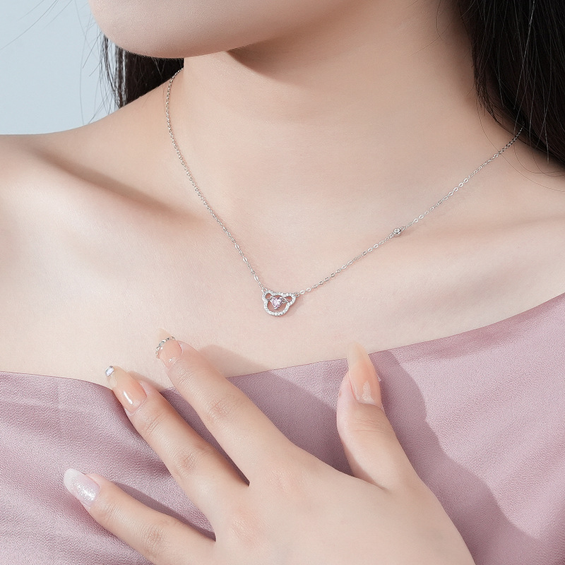 S925 Sterling Silver Heartbeat Bear Necklace Female Cute Collarbone Chain Inlaid Pink Zirconium Bracelet Set