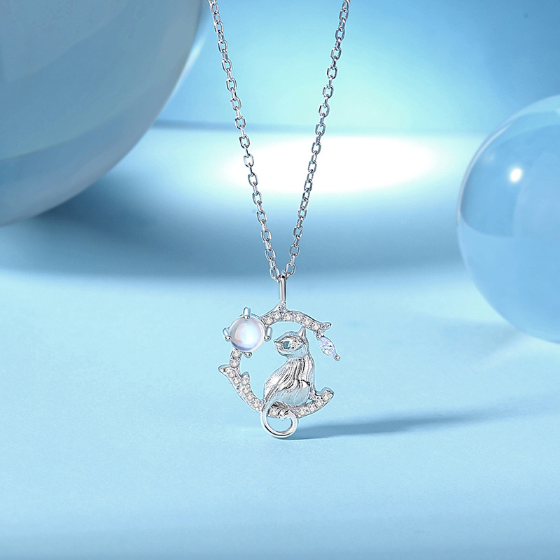 Hope Moon Cat Necklace S925 Sterling Silver Cute Cat Collarbone Chain Micro-Set Moonstone Pendant  Women'S Necklaces Silver