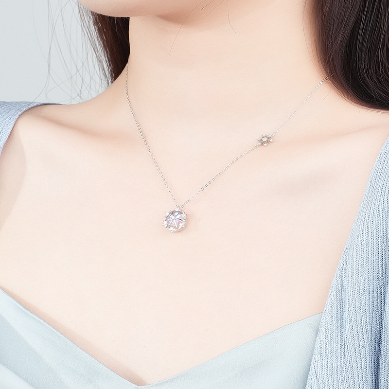 Ice Condensation Snow Love Snowflake Necklace Female S925 Sterling Silver Illusion Color Stone Christmas Collarbone Necklace