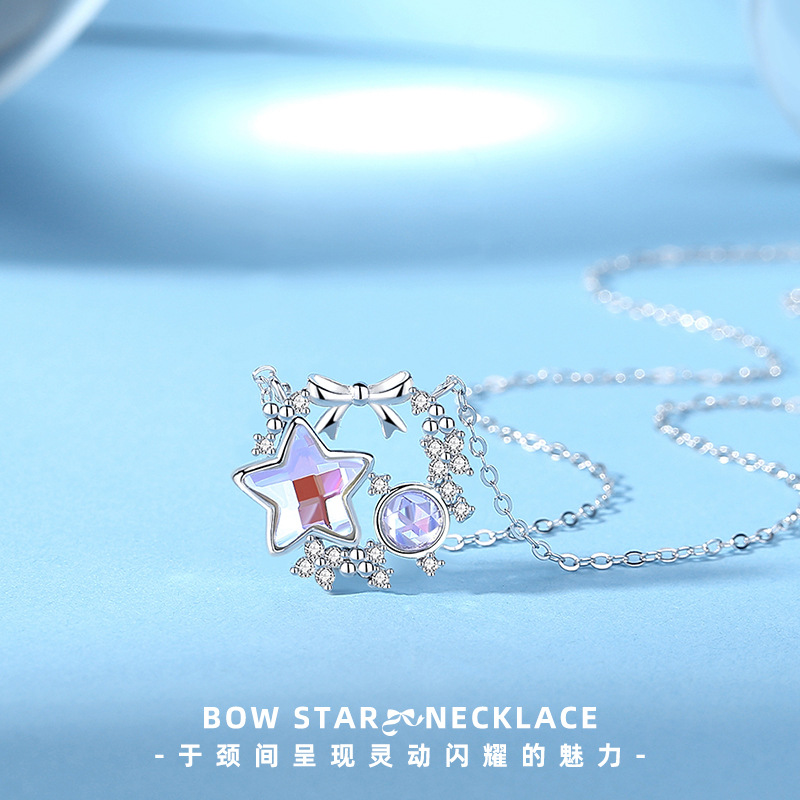 S925 Sterling Silver Bow Star Necklace Girl Heart Illusion Stone Collarbone Chain Christmas Wreath Necklace