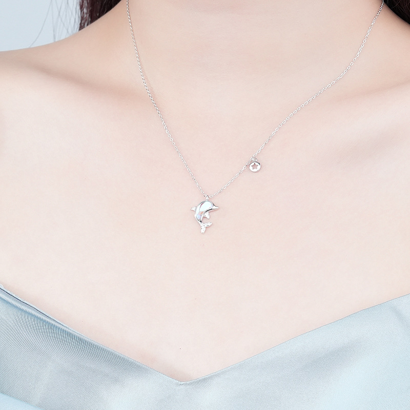 Dolphin Love Necklace S925 Sterling Silver Cute Fairy Style Collarbone Chain Microset Moonstone Pendant Necklace Chain For Women