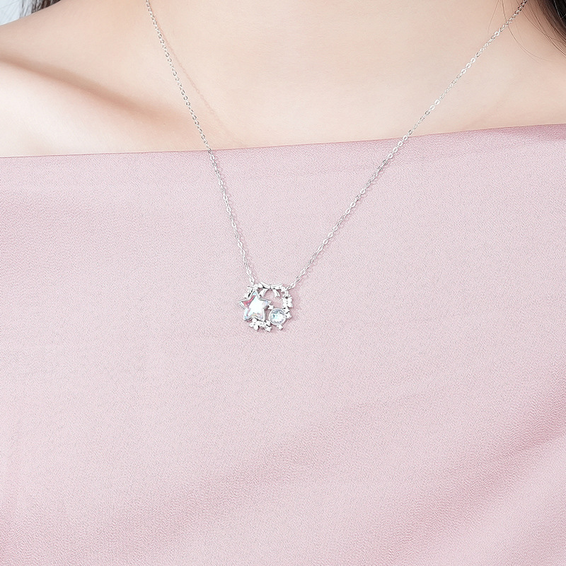 S925 Sterling Silver Bow Star Necklace Girl Heart Illusion Stone Collarbone Chain Christmas Wreath Necklace