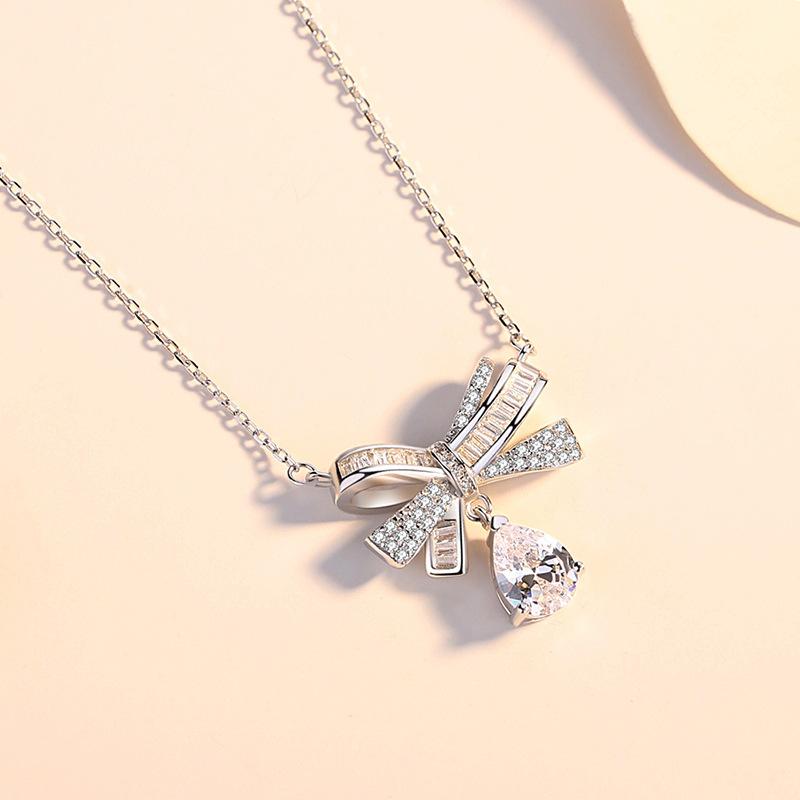 S925 Sterling Silver Bow Necklace Female Micro-Encrusted Zirconia Butterfly Pendant Collarbone Chain Jewelry Christmas Gift