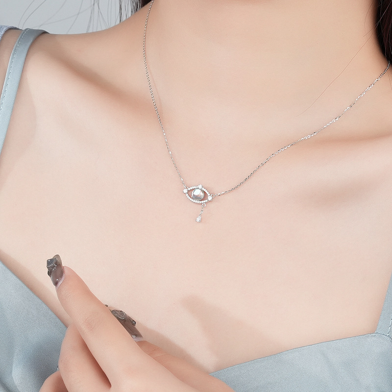 S925 Sterling Silver Collarbone Chain With Moonstone Pendant Devil'S Eye Necklace