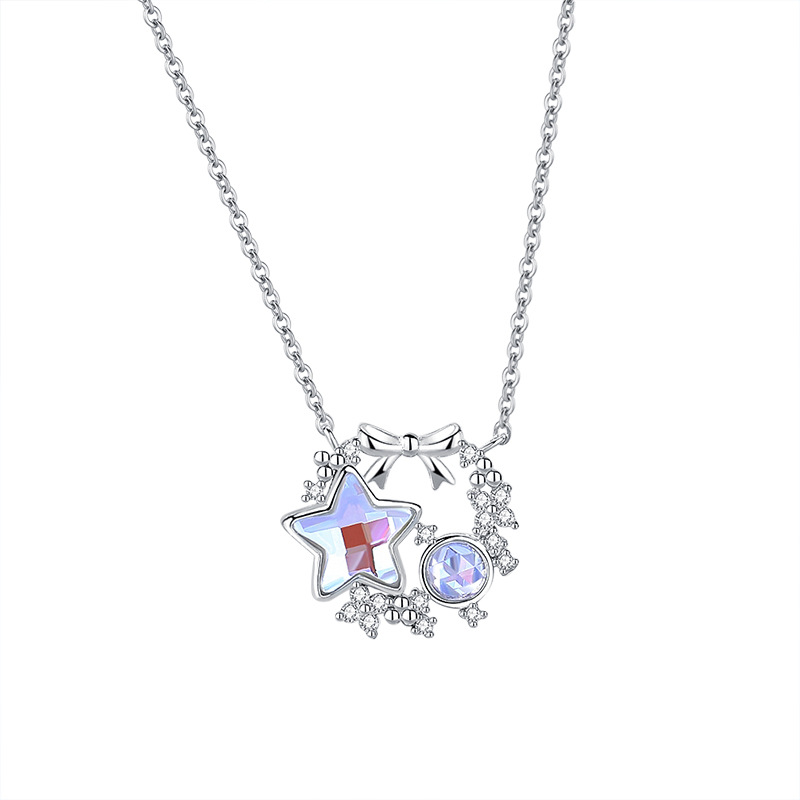 S925 Sterling Silver Bow Star Necklace Girl Heart Illusion Stone Collarbone Chain Christmas Wreath Necklace