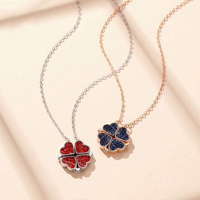 S925 Sterling Silver Four-Leaf Clover Necklace Double Wear Love Blue And Red Diamond Pendant Collarbone Chain