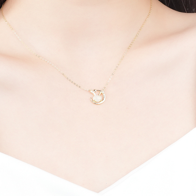 Moon Bunny Necklace Women S925 Sterling Silver Moon Rabbit Hotan Jade Pendant Fashion Collarbone Necklace