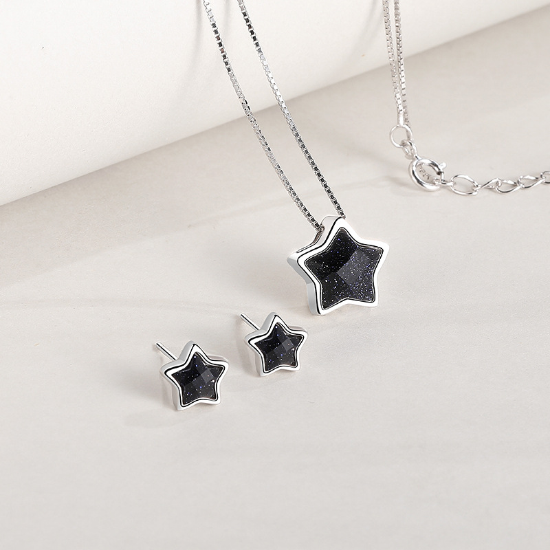 S925 Sterling Silver Necklace Female Pentagram Necklace Fashion Alabaster Star Earrings Set